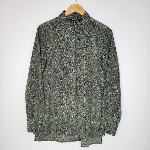 ELLEN TRACY Olive Green Micro Leopard Print Blouse Size M Button Up Earth Tones - Picture 1 of 9